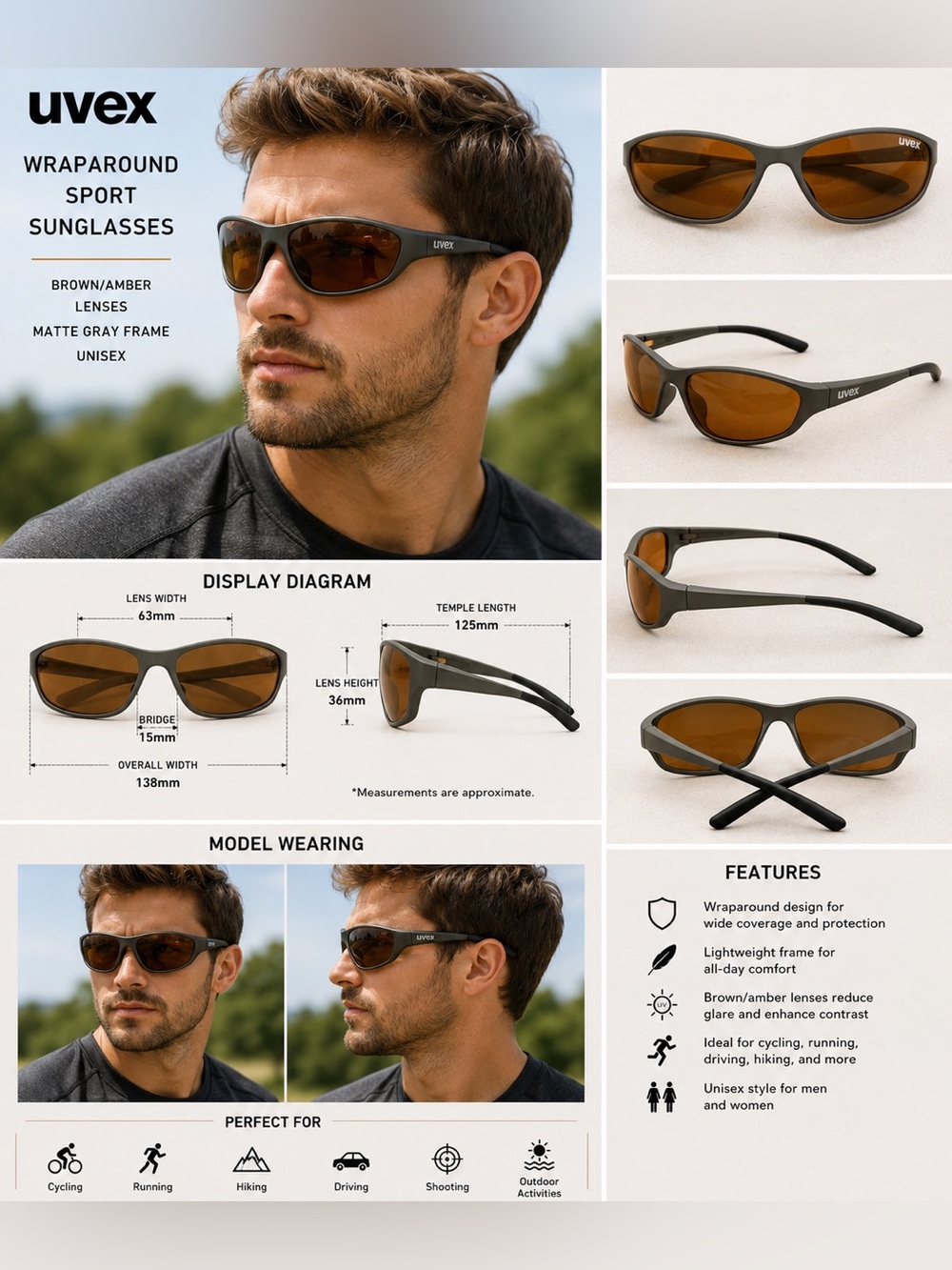 Uvex Wraparound Sport Sunglasses Brown Amber Lenses Matte Gray Lightweight